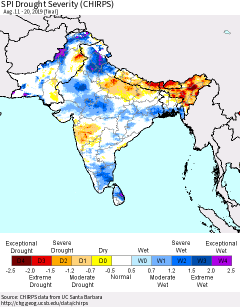 Southern Asia SPI Drought Severity (CHIRPS) Thematic Map For 8/11/2019 - 8/20/2019