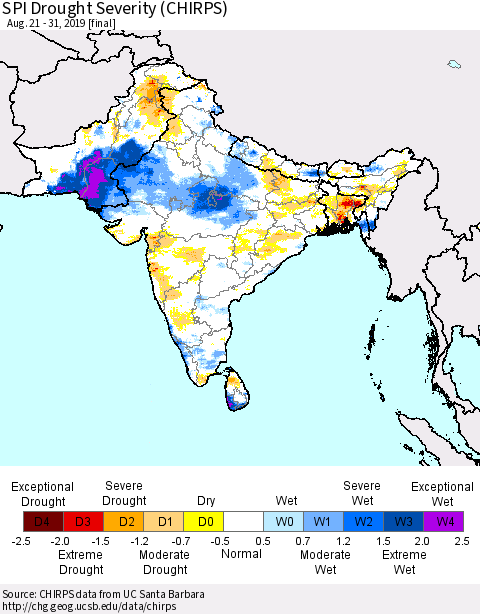 Southern Asia SPI Drought Severity (CHIRPS) Thematic Map For 8/21/2019 - 8/31/2019