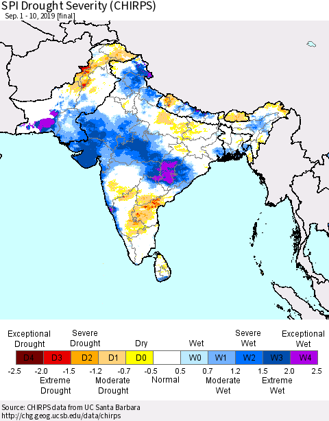 Southern Asia SPI Drought Severity (CHIRPS) Thematic Map For 9/1/2019 - 9/10/2019