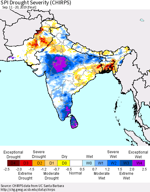 Southern Asia SPI Drought Severity (CHIRPS) Thematic Map For 9/11/2019 - 9/20/2019