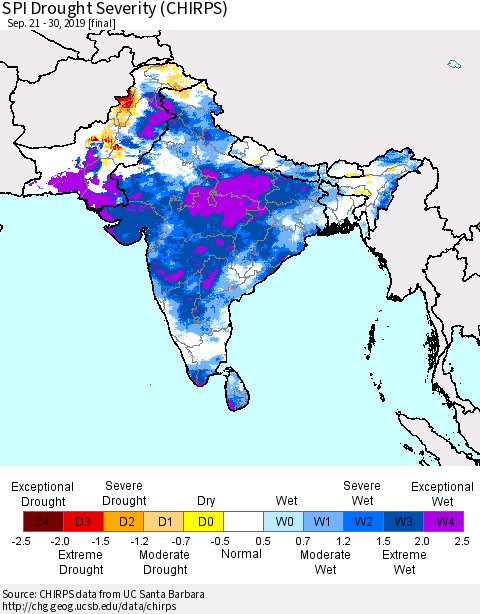 Southern Asia SPI Drought Severity (CHIRPS) Thematic Map For 9/21/2019 - 9/30/2019