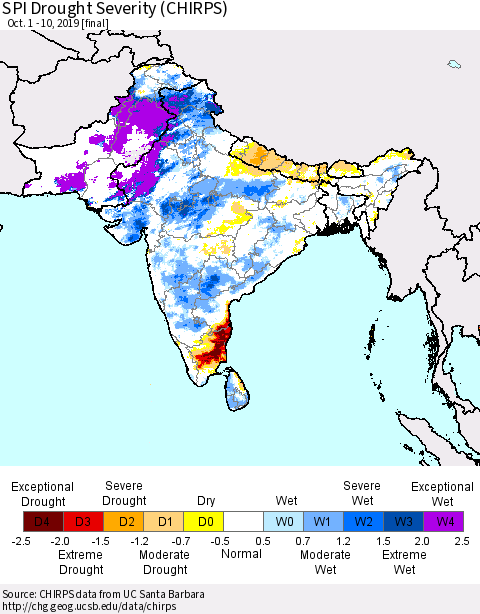 Southern Asia SPI Drought Severity (CHIRPS) Thematic Map For 10/1/2019 - 10/10/2019