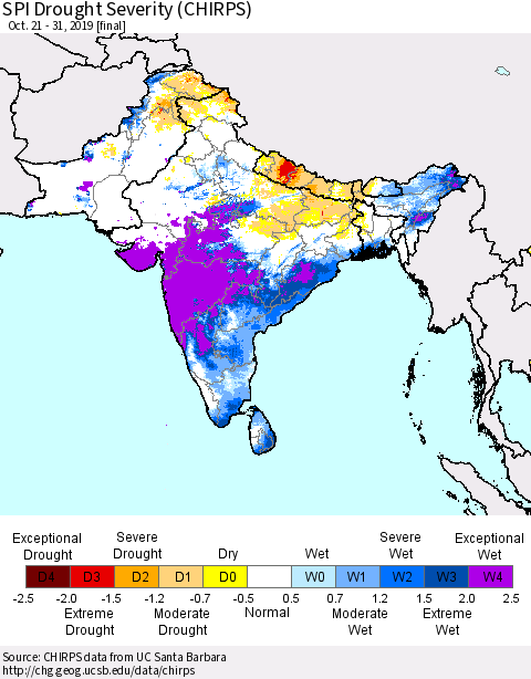 Southern Asia SPI Drought Severity (CHIRPS) Thematic Map For 10/21/2019 - 10/31/2019