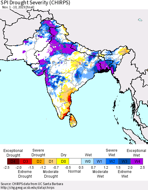 Southern Asia SPI Drought Severity (CHIRPS) Thematic Map For 11/1/2019 - 11/10/2019