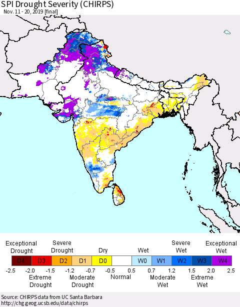 Southern Asia SPI Drought Severity (CHIRPS) Thematic Map For 11/11/2019 - 11/20/2019