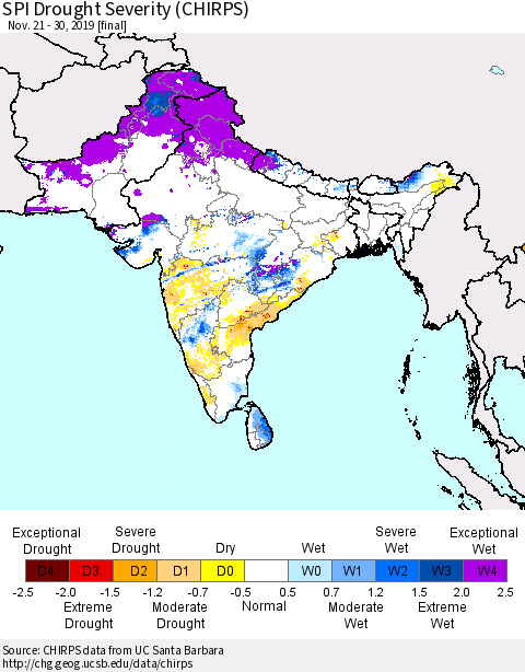 Southern Asia SPI Drought Severity (CHIRPS) Thematic Map For 11/21/2019 - 11/30/2019