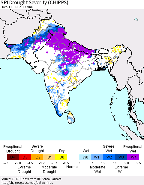 Southern Asia SPI Drought Severity (CHIRPS) Thematic Map For 12/11/2019 - 12/20/2019