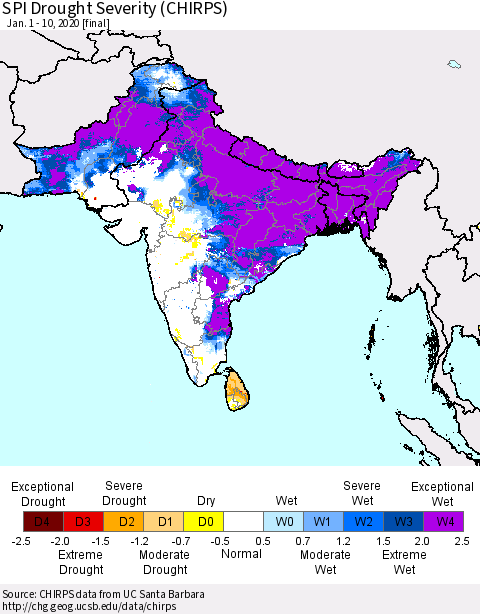 Southern Asia SPI Drought Severity (CHIRPS) Thematic Map For 1/1/2020 - 1/10/2020