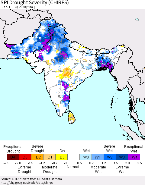 Southern Asia SPI Drought Severity (CHIRPS) Thematic Map For 1/11/2020 - 1/20/2020