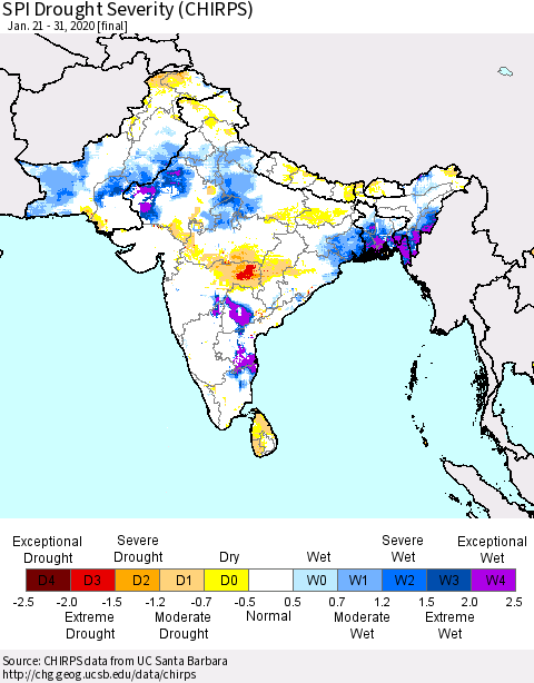 Southern Asia SPI Drought Severity (CHIRPS) Thematic Map For 1/21/2020 - 1/31/2020