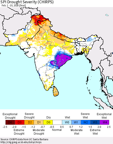 Southern Asia SPI Drought Severity (CHIRPS) Thematic Map For 2/1/2020 - 2/10/2020