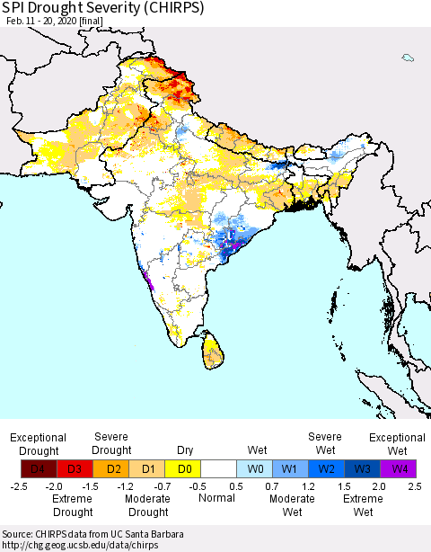 Southern Asia SPI Drought Severity (CHIRPS) Thematic Map For 2/11/2020 - 2/20/2020