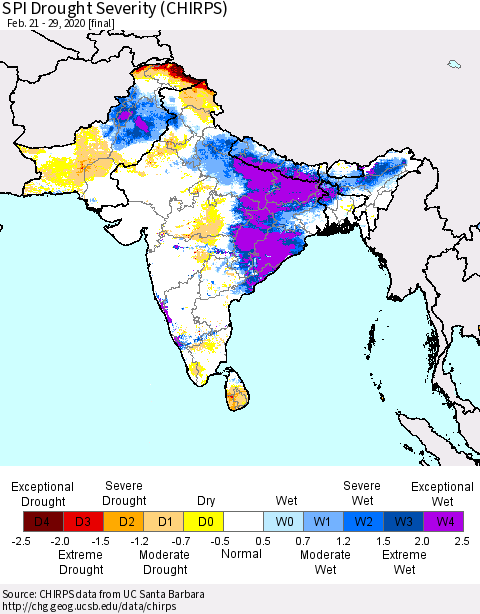 Southern Asia SPI Drought Severity (CHIRPS) Thematic Map For 2/21/2020 - 2/29/2020