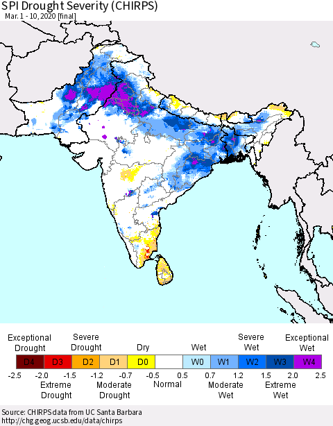 Southern Asia SPI Drought Severity (CHIRPS) Thematic Map For 3/1/2020 - 3/10/2020