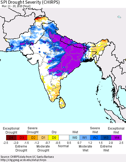 Southern Asia SPI Drought Severity (CHIRPS) Thematic Map For 3/11/2020 - 3/20/2020