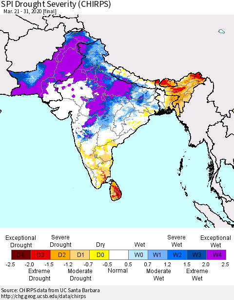 Southern Asia SPI Drought Severity (CHIRPS) Thematic Map For 3/21/2020 - 3/31/2020