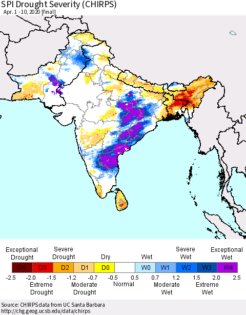 Southern Asia SPI Drought Severity (CHIRPS) Thematic Map For 4/1/2020 - 4/10/2020