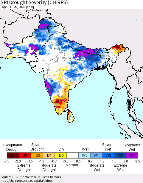 Southern Asia SPI Drought Severity (CHIRPS) Thematic Map For 4/11/2020 - 4/20/2020