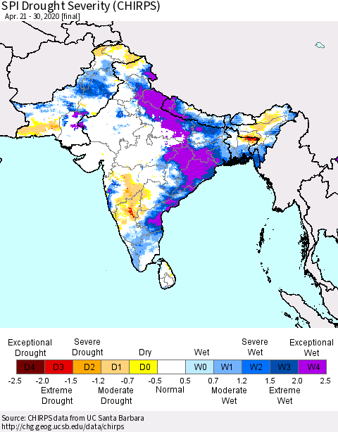 Southern Asia SPI Drought Severity (CHIRPS) Thematic Map For 4/21/2020 - 4/30/2020