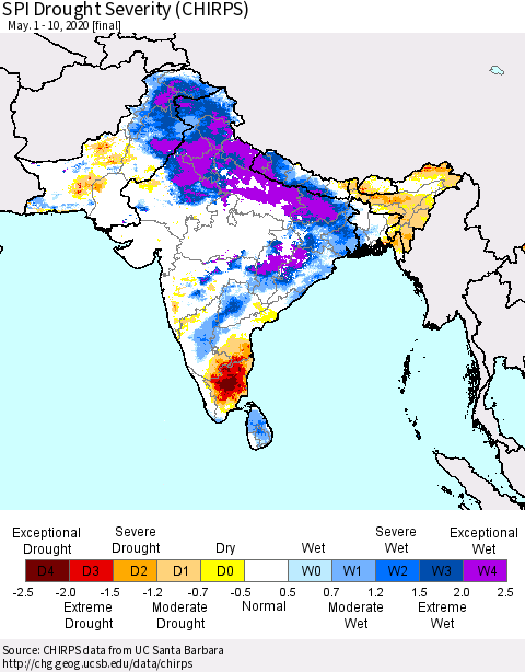 Southern Asia SPI Drought Severity (CHIRPS) Thematic Map For 5/1/2020 - 5/10/2020