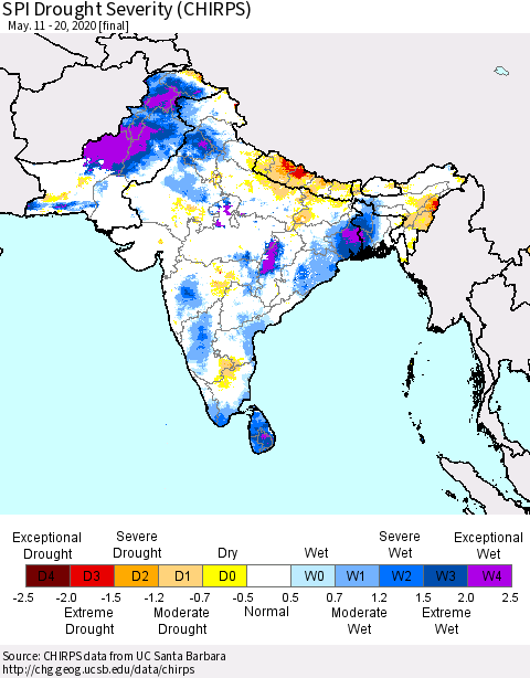 Southern Asia SPI Drought Severity (CHIRPS) Thematic Map For 5/11/2020 - 5/20/2020