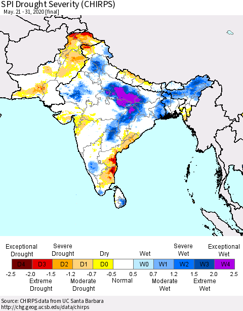 Southern Asia SPI Drought Severity (CHIRPS) Thematic Map For 5/21/2020 - 5/31/2020
