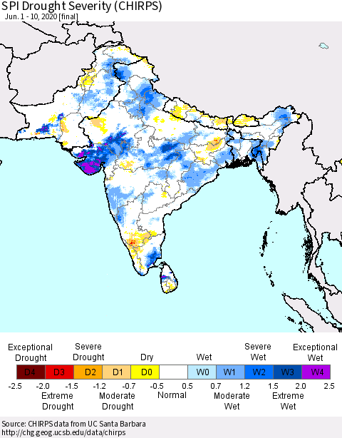 Southern Asia SPI Drought Severity (CHIRPS) Thematic Map For 6/1/2020 - 6/10/2020