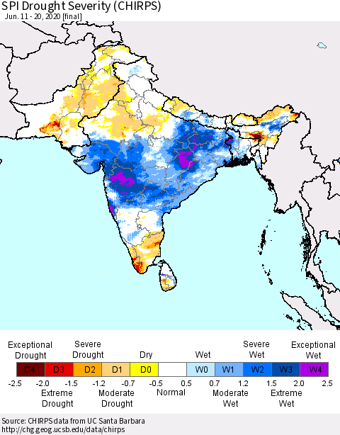 Southern Asia SPI Drought Severity (CHIRPS) Thematic Map For 6/11/2020 - 6/20/2020