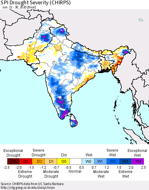 Southern Asia SPI Drought Severity (CHIRPS) Thematic Map For 6/21/2020 - 6/30/2020