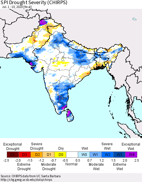 Southern Asia SPI Drought Severity (CHIRPS) Thematic Map For 7/1/2020 - 7/10/2020