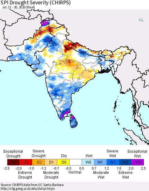 Southern Asia SPI Drought Severity (CHIRPS) Thematic Map For 7/11/2020 - 7/20/2020
