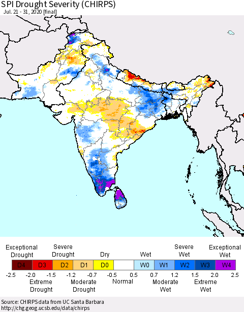 Southern Asia SPI Drought Severity (CHIRPS) Thematic Map For 7/21/2020 - 7/31/2020