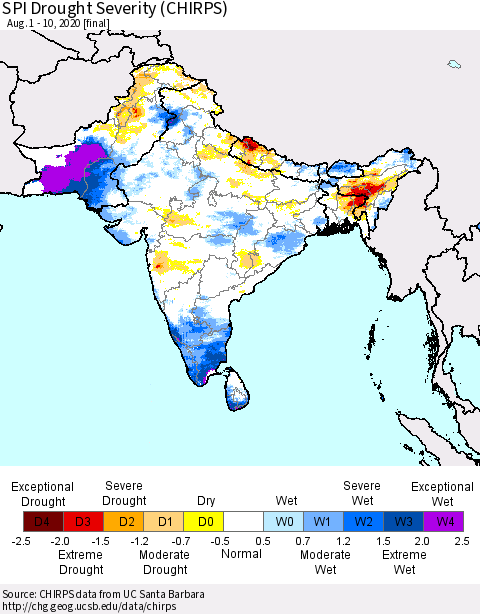 Southern Asia SPI Drought Severity (CHIRPS) Thematic Map For 8/1/2020 - 8/10/2020