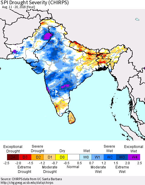 Southern Asia SPI Drought Severity (CHIRPS) Thematic Map For 8/11/2020 - 8/20/2020