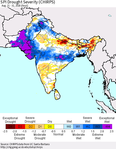 Southern Asia SPI Drought Severity (CHIRPS) Thematic Map For 8/21/2020 - 8/31/2020