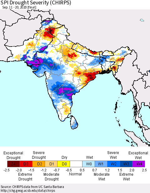 Southern Asia SPI Drought Severity (CHIRPS) Thematic Map For 9/11/2020 - 9/20/2020