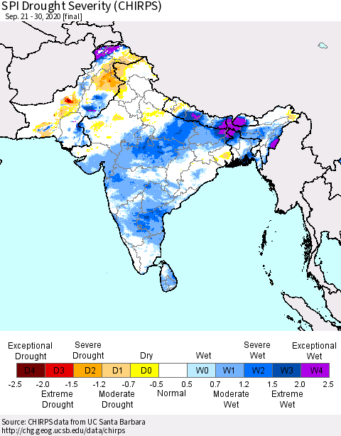 Southern Asia SPI Drought Severity (CHIRPS) Thematic Map For 9/21/2020 - 9/30/2020