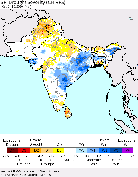 Southern Asia SPI Drought Severity (CHIRPS) Thematic Map For 10/1/2020 - 10/10/2020