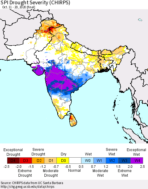 Southern Asia SPI Drought Severity (CHIRPS) Thematic Map For 10/11/2020 - 10/20/2020