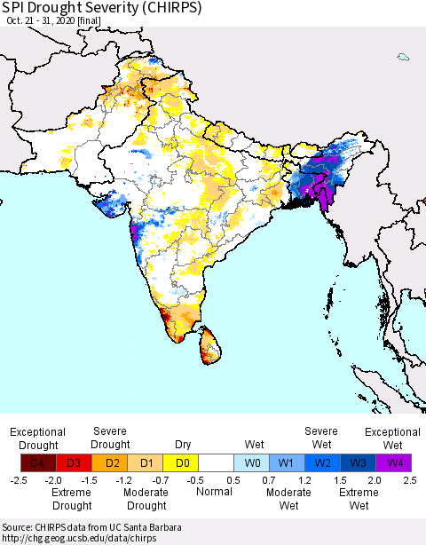 Southern Asia SPI Drought Severity (CHIRPS) Thematic Map For 10/21/2020 - 10/31/2020