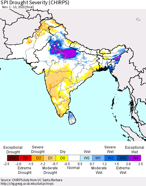 Southern Asia SPI Drought Severity (CHIRPS) Thematic Map For 11/1/2020 - 11/10/2020