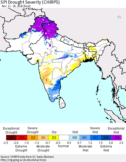 Southern Asia SPI Drought Severity (CHIRPS) Thematic Map For 11/11/2020 - 11/20/2020