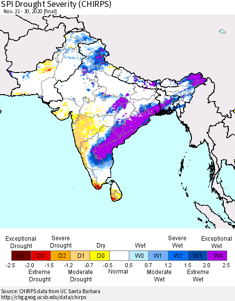 Southern Asia SPI Drought Severity (CHIRPS) Thematic Map For 11/21/2020 - 11/30/2020