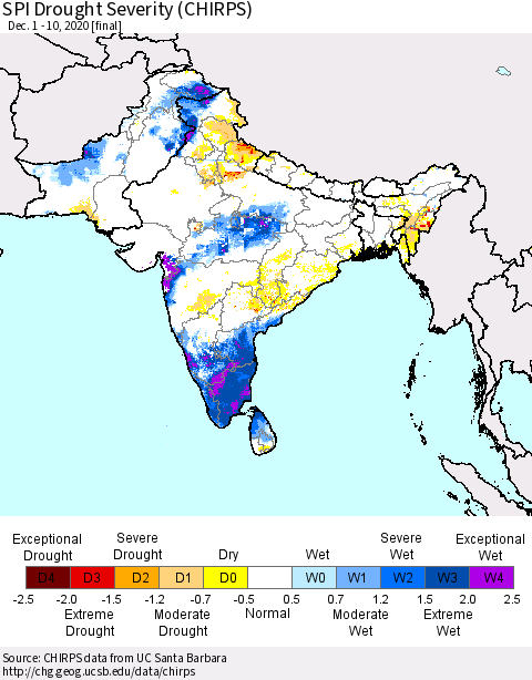 Southern Asia SPI Drought Severity (CHIRPS) Thematic Map For 12/1/2020 - 12/10/2020