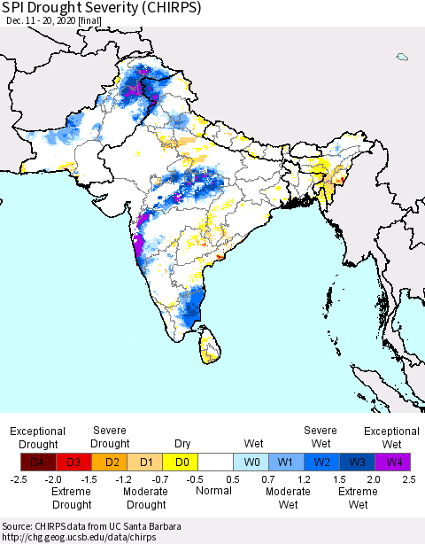 Southern Asia SPI Drought Severity (CHIRPS) Thematic Map For 12/11/2020 - 12/20/2020