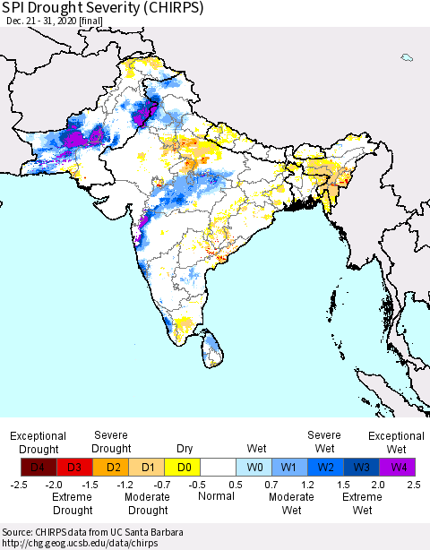 Southern Asia SPI Drought Severity (CHIRPS) Thematic Map For 12/21/2020 - 12/31/2020