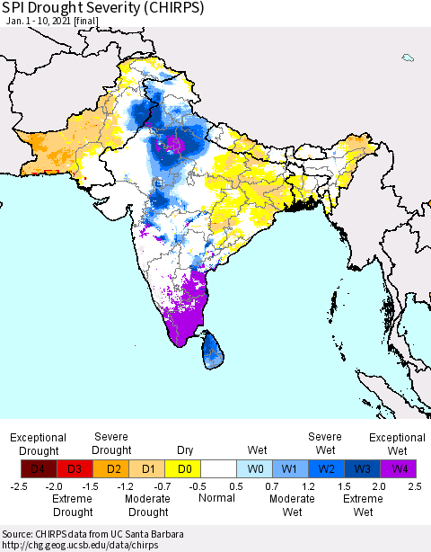 Southern Asia SPI Drought Severity (CHIRPS) Thematic Map For 1/1/2021 - 1/10/2021
