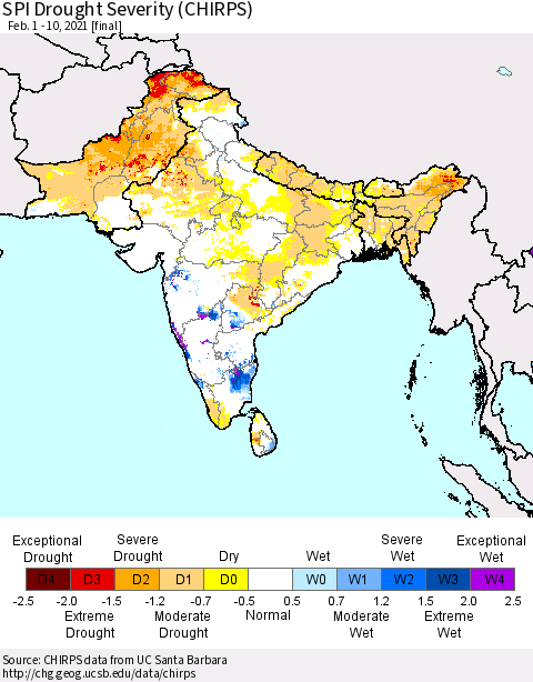 Southern Asia SPI Drought Severity (CHIRPS) Thematic Map For 2/1/2021 - 2/10/2021