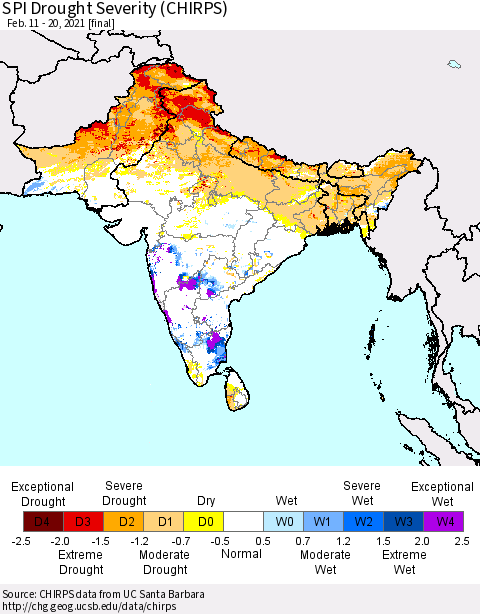 Southern Asia SPI Drought Severity (CHIRPS) Thematic Map For 2/11/2021 - 2/20/2021