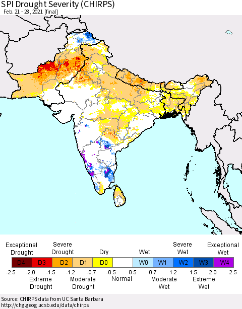 Southern Asia SPI Drought Severity (CHIRPS) Thematic Map For 2/21/2021 - 2/28/2021